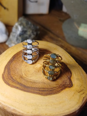 Brass ring - noga moonstone, labradorite, amethyst and lapis