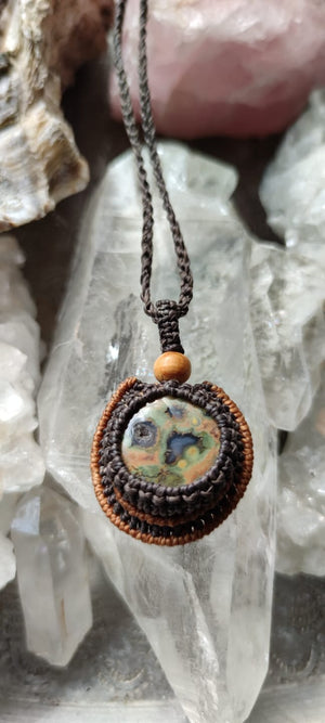 Handmade Macramé Necklace - ocean jasper stone with wooden beed