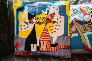 Pillow cover embroidery - cotton - cats in love gift Tantilly 