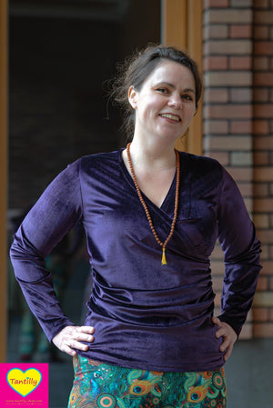 Velvet stretch wrap top - lange mouwen- donkerpaars