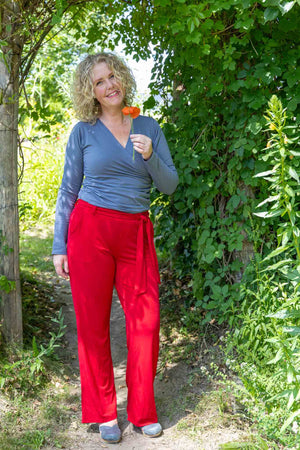 Katoenen stretch wrap top- lange/korte mouwen- grijs