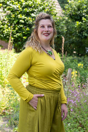 Katoenen stretch wrap top- lange/korte mouwen- mosterd