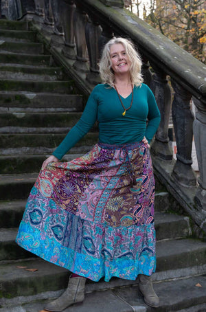 Silkmix handmade boho skirt- patchwork design- cobalt green lotus skirt Tantilly 