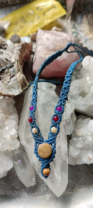 Handmade Macrame tiara necklace- agate blue