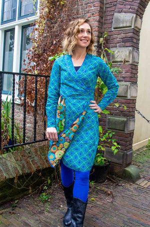 Reversible dress- 100% cotton wrap dress - galaxy turquoise retro blue