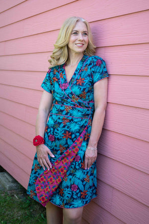 One cotton dress with 2 different prints - reversible wrap dress- pink jungle vibe