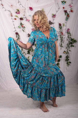 Boho maxi silk dress made by Tantilly - blue ocean